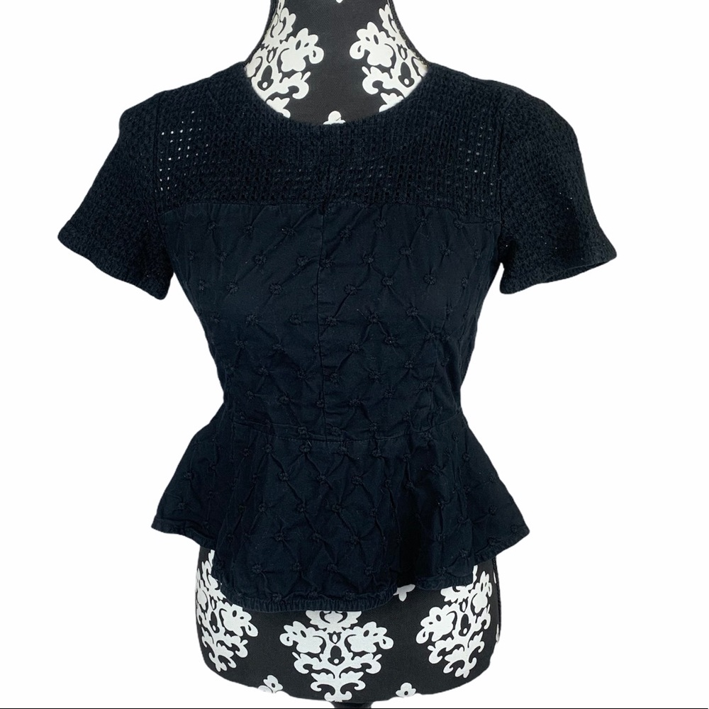 GAP Top Peplum Black Textured Short Sleeve Zipper